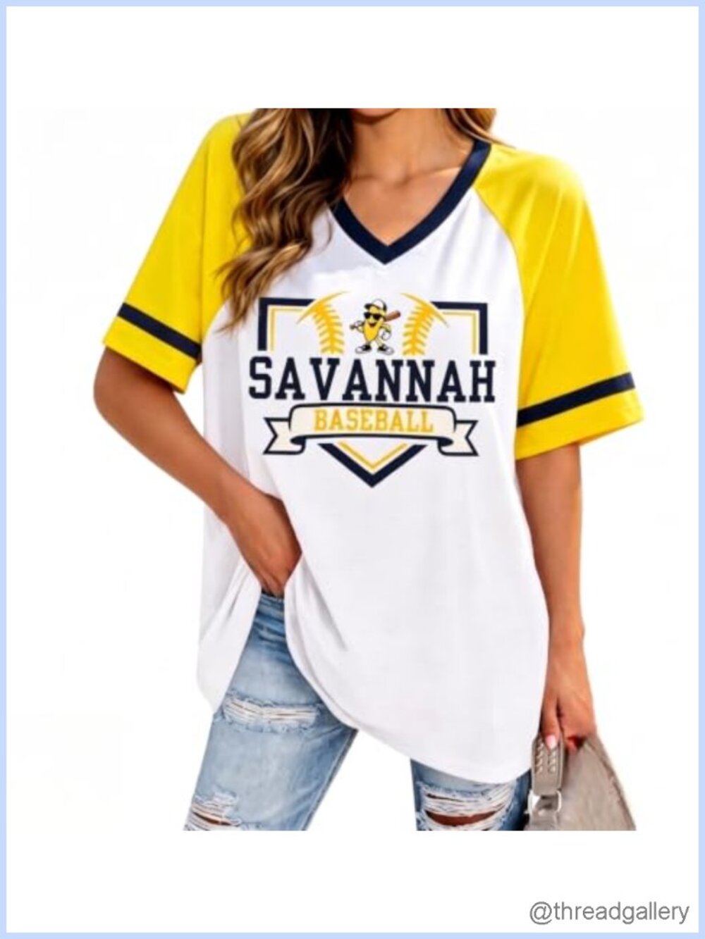 Oversized Baseball V Neck T-Shirt Cotton Blend Casual Game Day Top